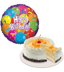 Peach Mango Cake with Birthday Mylar Balloon