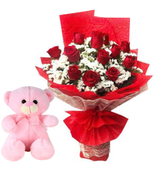 12 Pcs. Red Roses with Small Teddy Bear