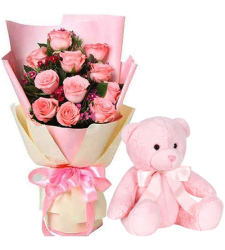 12 Pink Roses with Small Teddy Bear