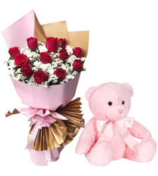 Dozen of Red Roses Bouquet with Pink Bear