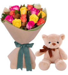 12 Mixed Roses with 8" Brown Teddy Bear