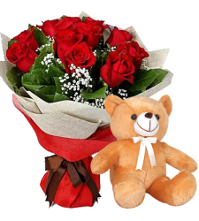 12 Red Roses with Brown Small Bear