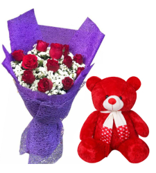 12 Red Roses in Bouquet with 8" Small Bear