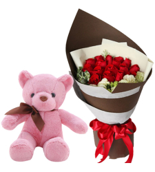 15 Red Roses in Bouquet with Small Bear