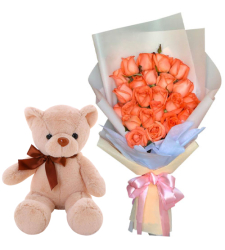 24 Orange Color Roses with Small Bear