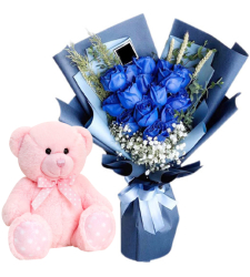 12 Blue Color Roses with 8" Inch Bear