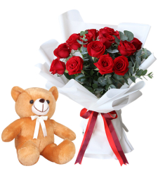 12 Red Color Roses Bouquet with Brown Bear