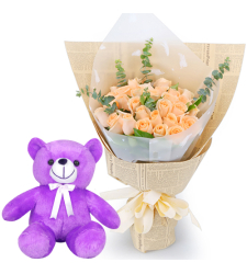 24 Peach Color Roses with 8" Teddy Bear