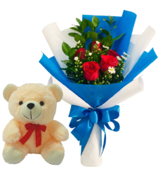 5 Pcs. Red Color Roses with Small Bear