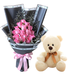 18 Pink Roses in Bouquet with White Bear