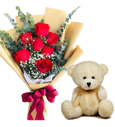 7 Red Roses with 8" Brown Bear