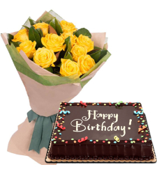 12 Pcs. Yellow Rose Bouquet with Birthday Cake