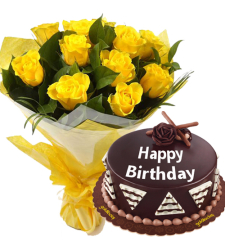 Chocolate Cake with 12 Yellow Roses Bouquet