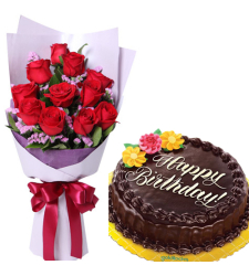 12 Red Roses Bouquet with Chocolate Cake