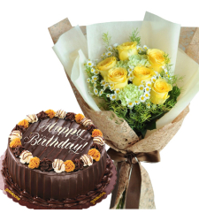 Choco Caramel Cake with 6 Yellow Roses Bouquet