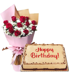 12 Red Roses Bouquet with Birthday Cake