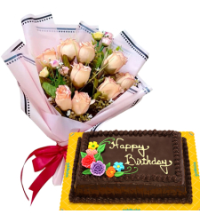 9 Pcs. Peach Roses Bouquet with Birthday Cake