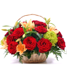 12 Red Roses with Lilies in Basket